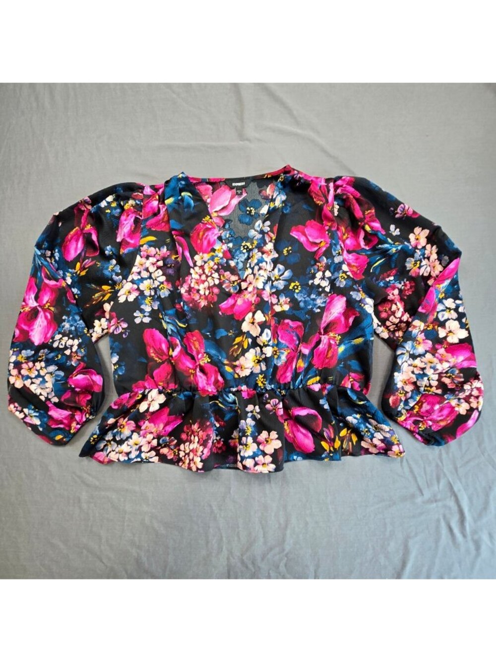 Express XL Floral Peplum Blouse Black V Neck Long Balloon Sleeves Top